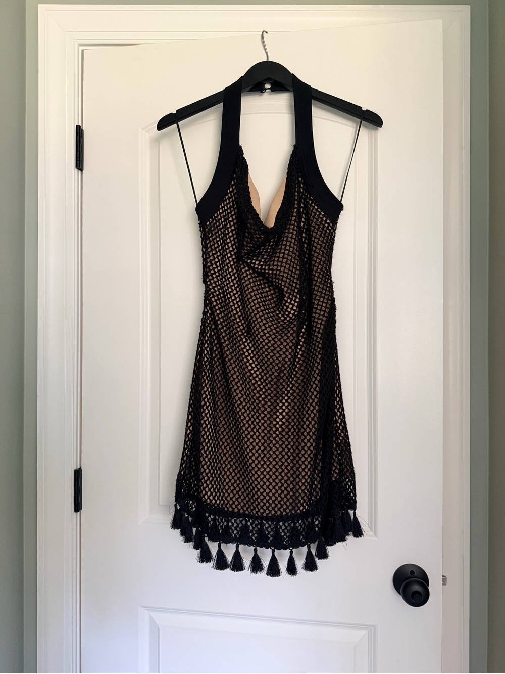 vestique Black Mesh Halter Dress with Tassel Hem